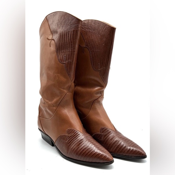 Nine West Shoes - Nine West Brown Leather Western Boots Sz 9 Snakeskin Embossed Mid Calf